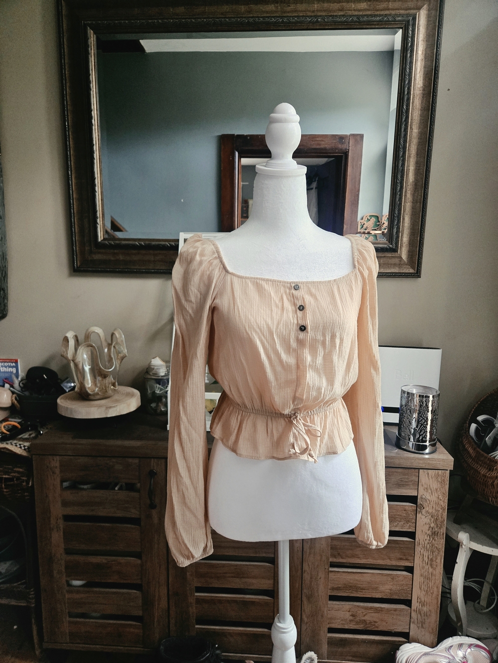 Women's Peach Long-Sleeve Peasant Blouse with Tie Waist